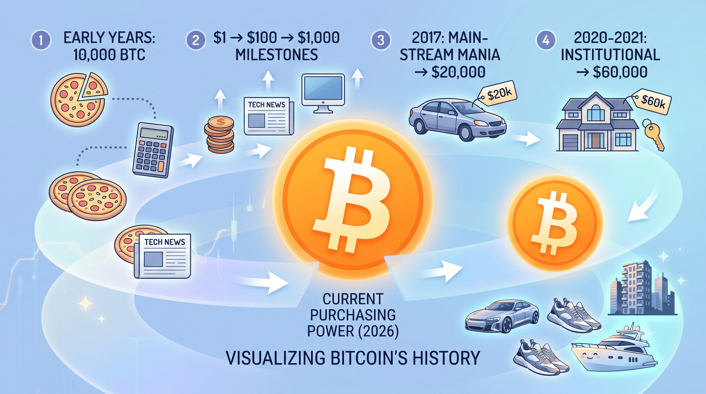 Bitcoin historical price milestones and purchasing power shifts