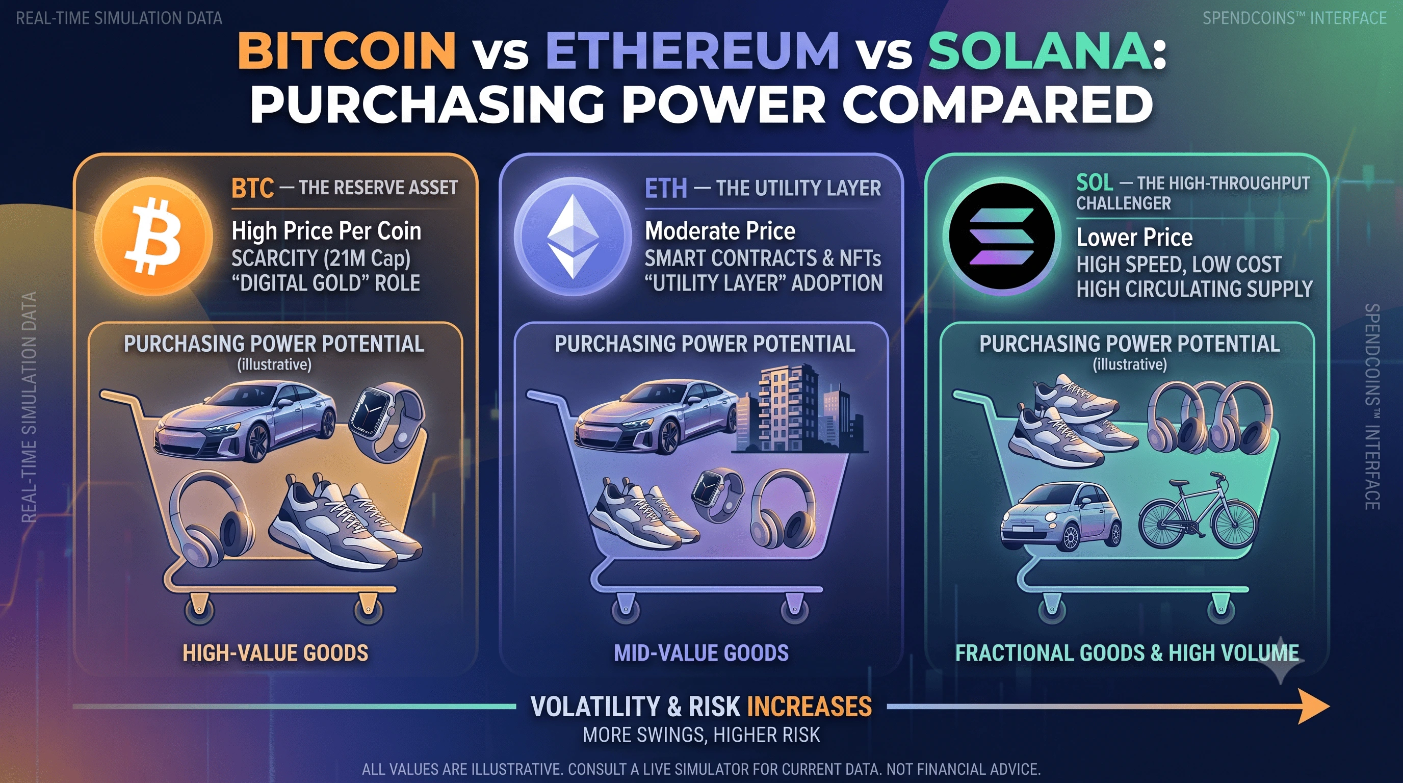 Bitcoin vs Ethereum vs Solana purchasing power comparison