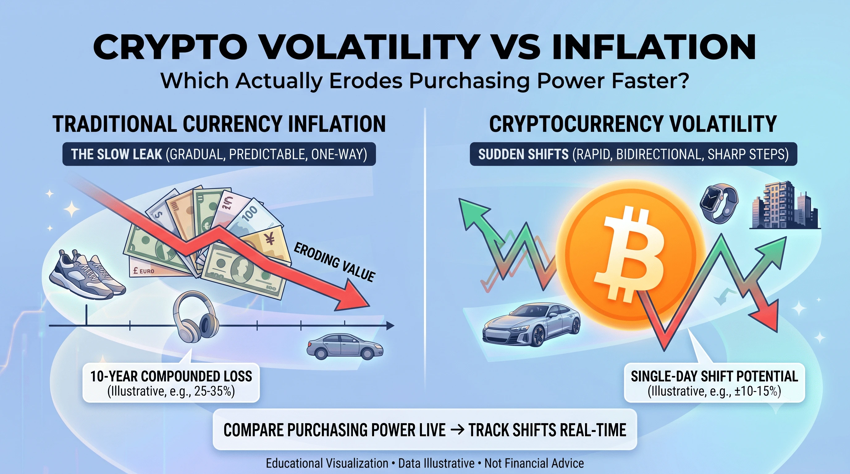 Crypto volatility versus traditional currency inflation purchasing power breakdown